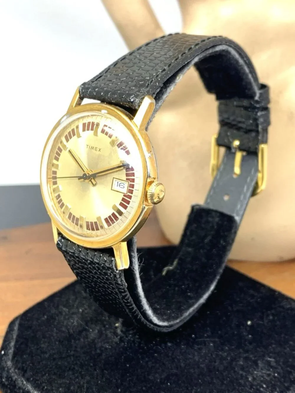 Timex Men's Watch Vintage Manual Wind Gold Dial Black Leather Strap 33mm